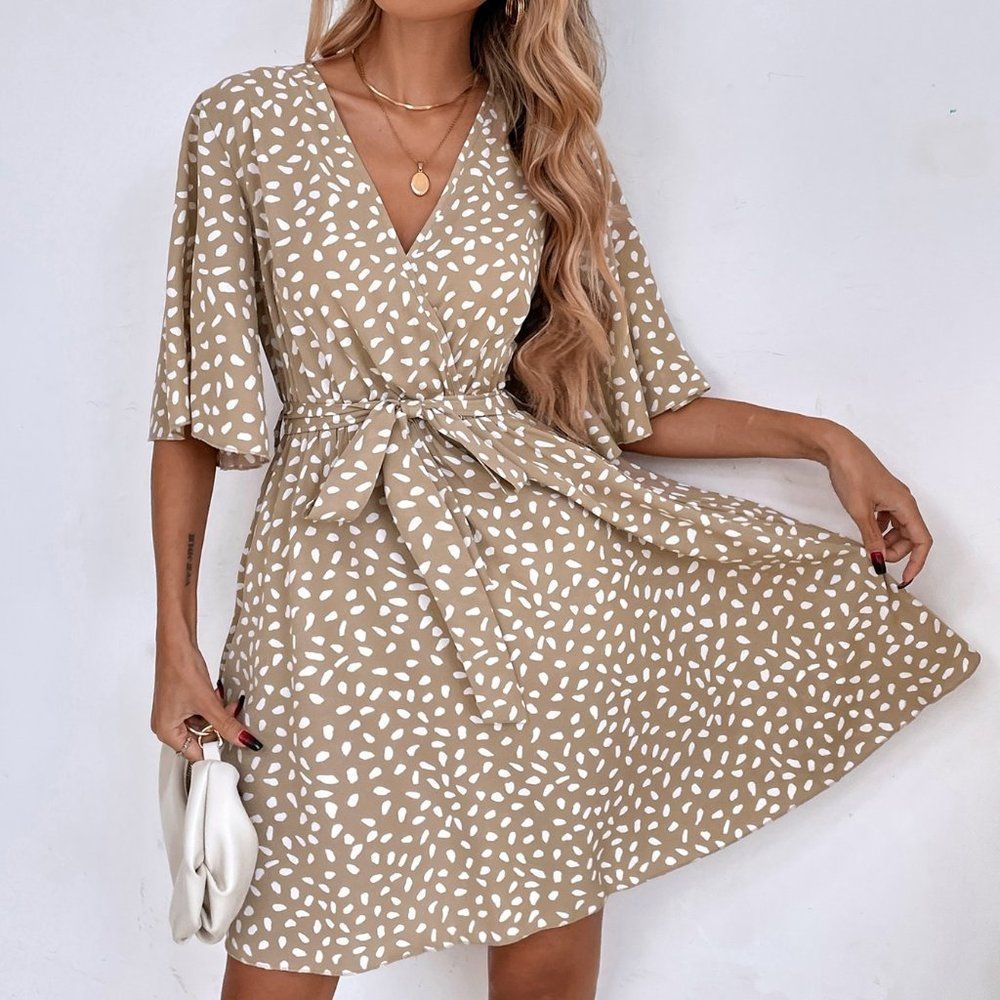 New Allover Print Butterfly Sleeve Belted Dress